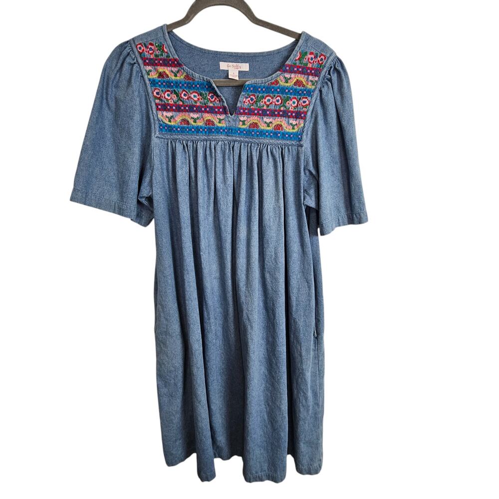 Go Patio Softly Dress Knee Length Dress Denim Dress Embroidered Dress S Blue